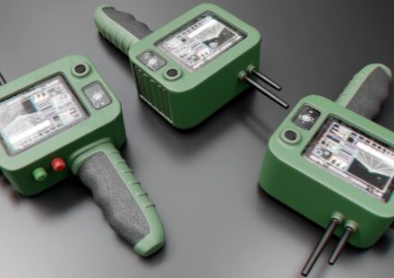Three green medical devices on a gray surface