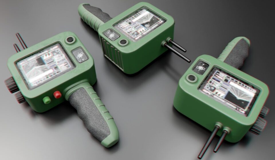 Three green medical devices on a gray surface